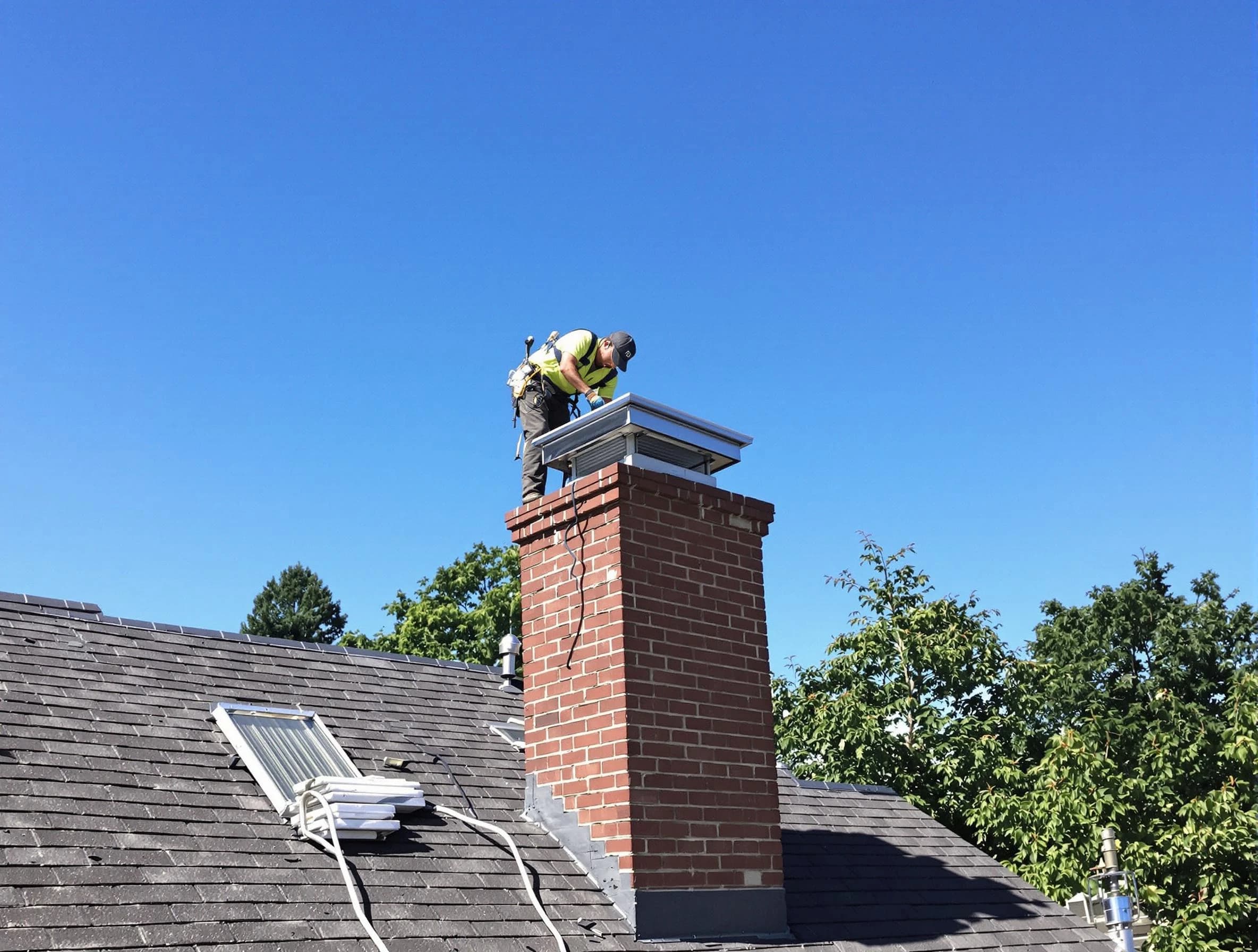 Mount Pleasant Chimney Sweep technician measuring a chimney cap in Mount Pleasant, TN